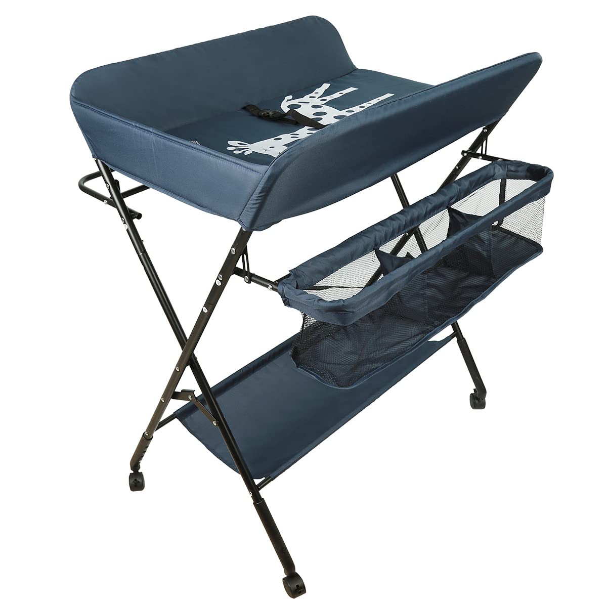 Table à Langer Pliante Avec Panier Rangement - Charge 25 Kg - Hauteur Réglable, Roulettes - 80x66x98 Cm - Beige