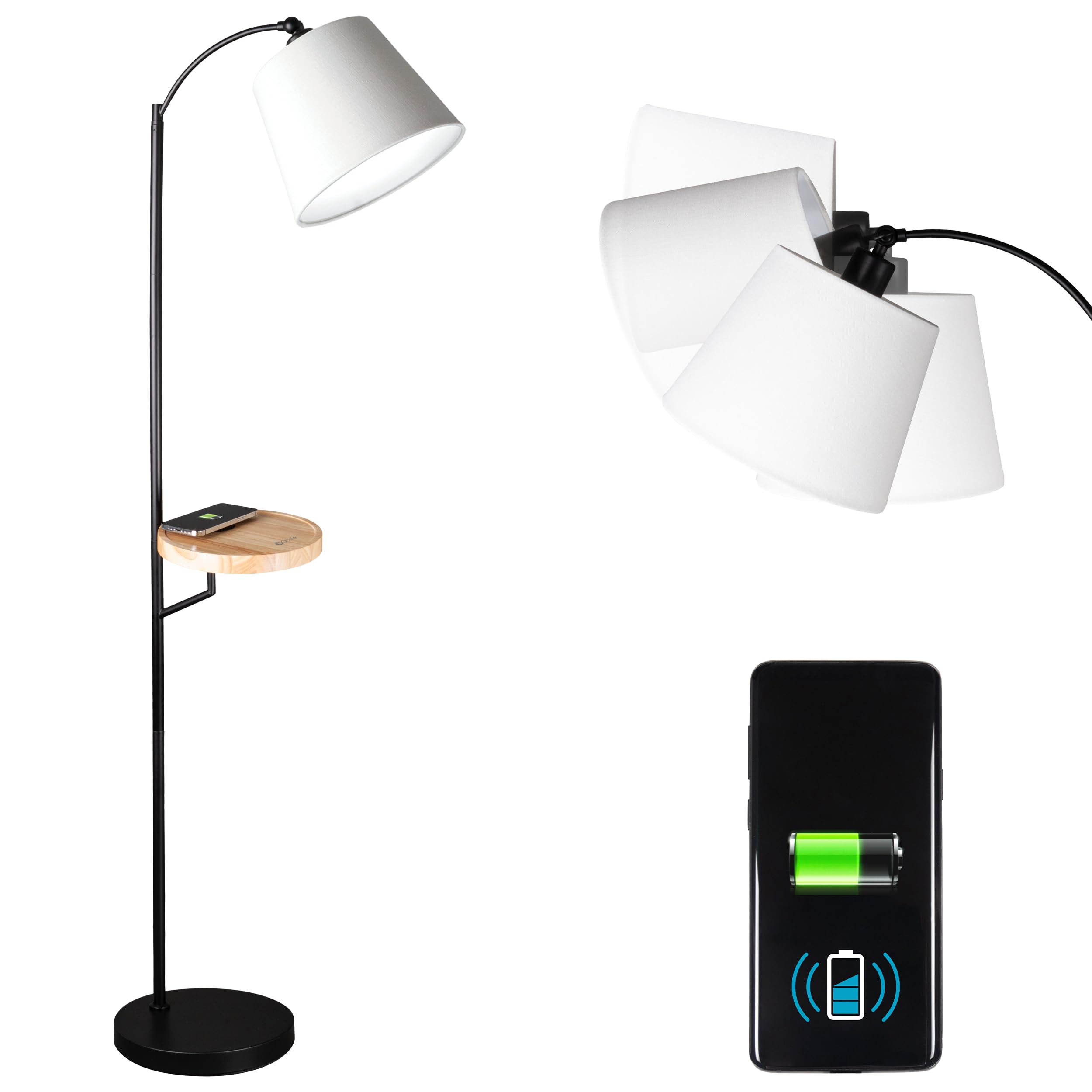 OttLite Good Housekeeping Shaded Floor Lamp with Wireless Charging Table, Wood Tray, Designed to Reduce Eyestrain, Adjustable Shade, ClearSun LED Bulb, Crafting, Office, Reading Light & Studying Lamp