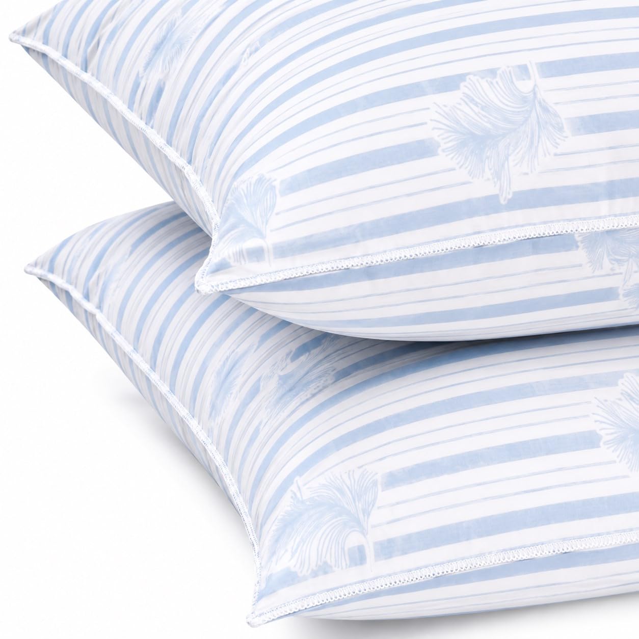Blanrêve - Lot 2 Oreillers Moelleux - D'antan Naturel Percale - 60x60 cm | Lot 2 Oreillers percale rayée polycoton - garnissage 100% plumettes. Endormissement dos/côté. Fabrication France - Blanc/Bleu