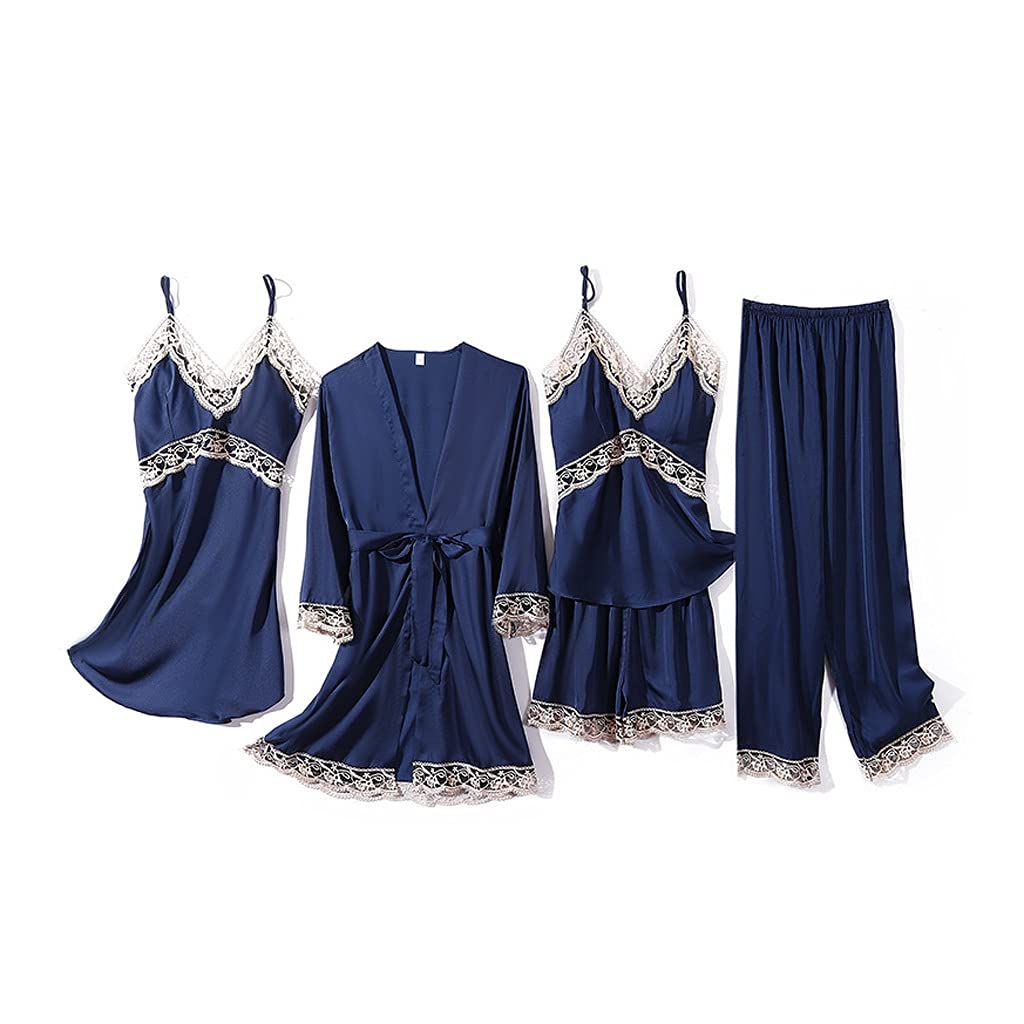 Seksowna koronkowa piżama Hollow Out, damska kimono, satynowa, szlafrok, 5 sztuk, bielizna nocna, jedwabna piżama, spodnie, niebieski-XL,Blue-XL