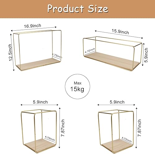 Miniatura 2 de Vansza 4 estantes flotantes rectangulares para montar en la pared, estante decorativo de metal con base de madera, estantes modernos de decoración