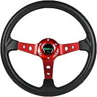 RASTP Volante universal de corrida, volante de prato profundo 13,8'/350 mm 6 parafusos aderência vinil couro e alumínio com botão de buzina para carro - vermelho