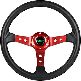RASTP Volante universal de corrida, volante de prato profundo 13,8'/350 mm 6 parafusos aderência vinil couro e alumínio com botão de buzina para carro - vermelho
