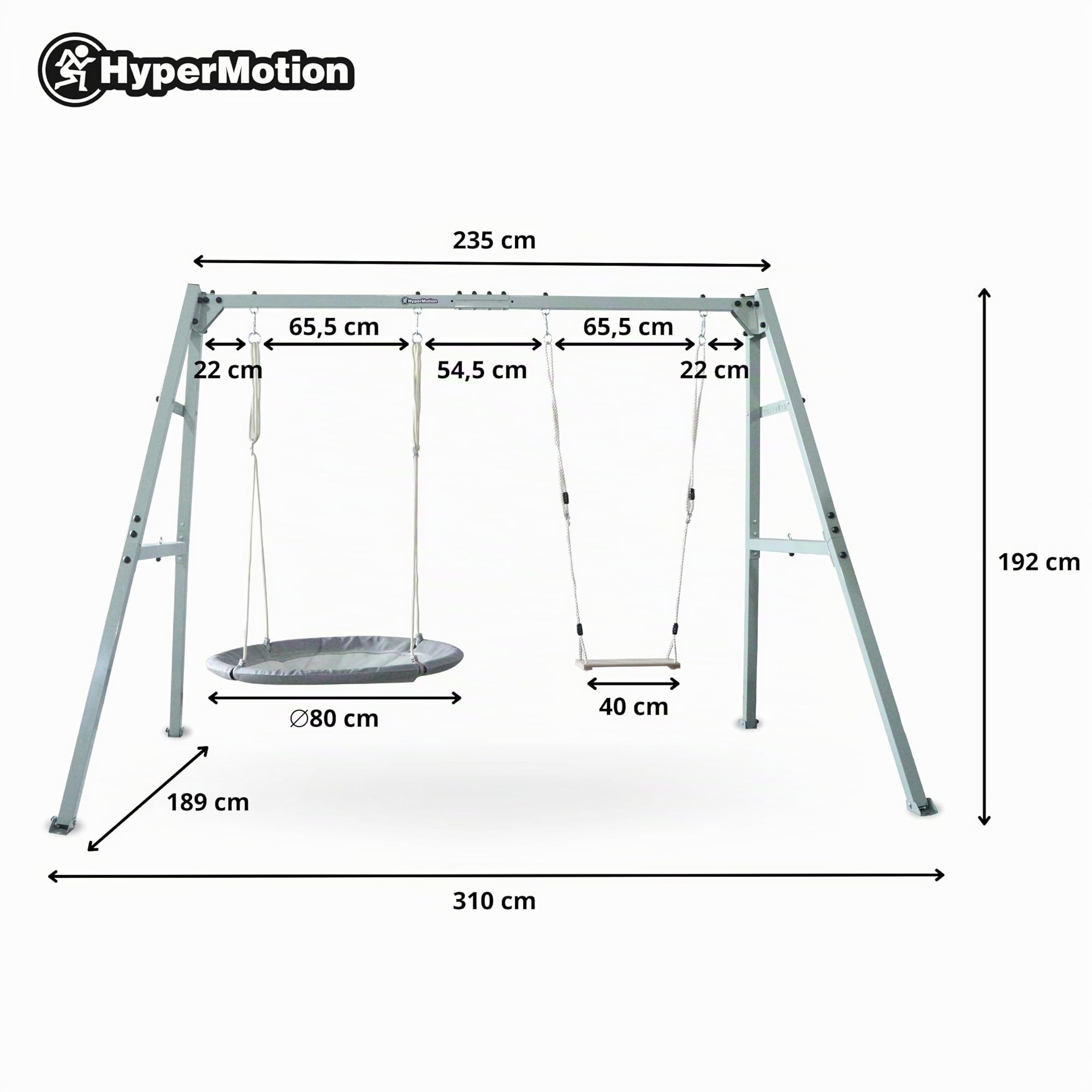 HyperMotion Balançoire double avec cadre en acier et accessoires - Balançoire hamac nid cigogne - Maximum 180 kg - Cordes réglables - Pour enfants et adultes jardin - À partir de 3 ans