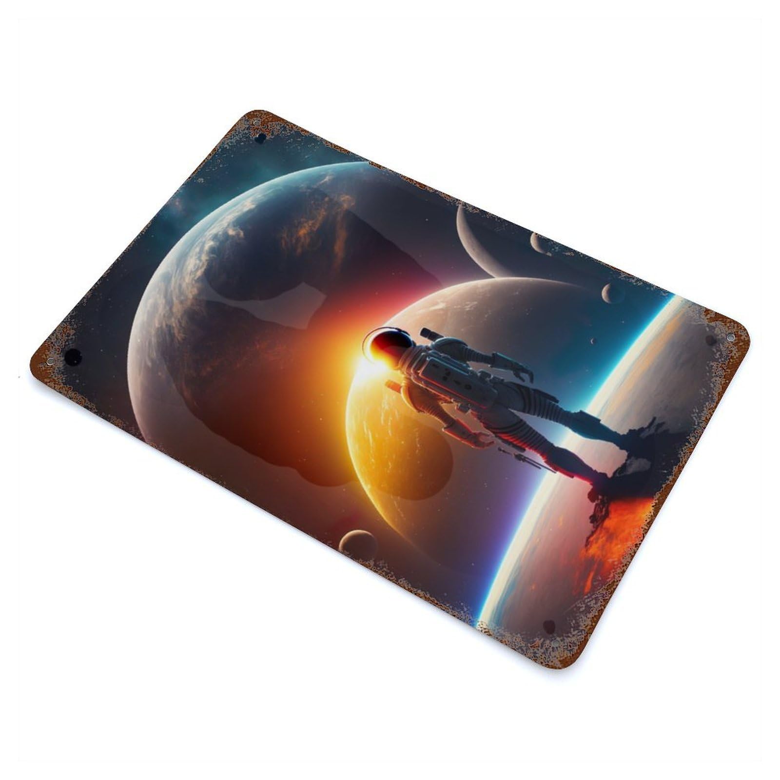 Garage Style Astronaut Planets Rust Effect Tin Sign 11.8"x7.9", Industrial Home Decor for Bar And Workshop