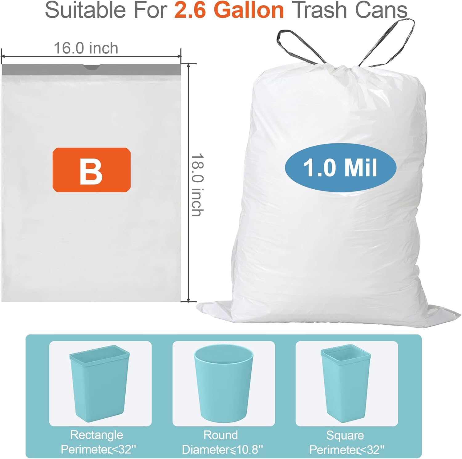 2.6 Gallon Drawstring Trash Bags (400 Count) 1.0 Mils Heavy Duty Small Garbage Bags Fit 10-15 Liter 2.6-4 Gal White Trash Bin Liners Compatible with Code B for Home Office Kitchen Bathroom Bedroom