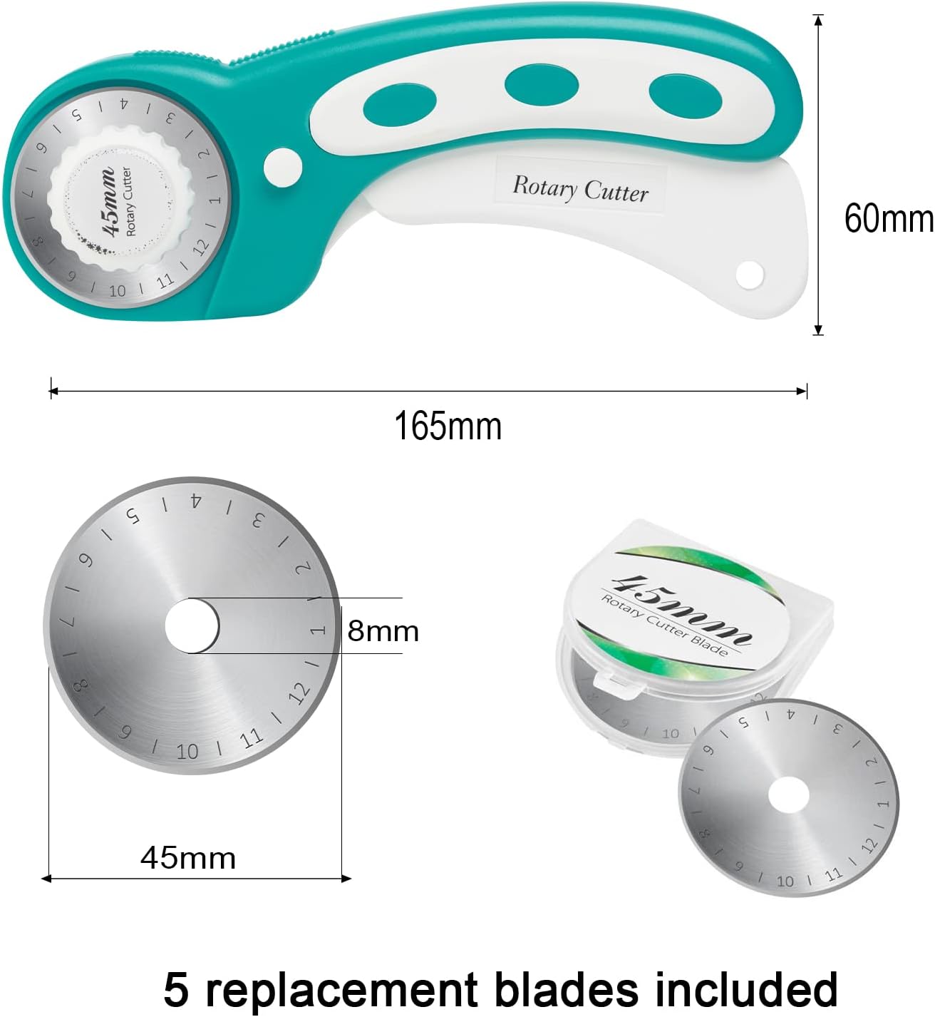 45mm Rotary Cutter with 5pcs Extra Blades, Ergonomic Handle Rolling Cutter with Safety Lock for Fabric, Leather, Crafting, Sewing, Quilting, Fabric Rotary Cutter Perfect for Left & Right Hand (Green)