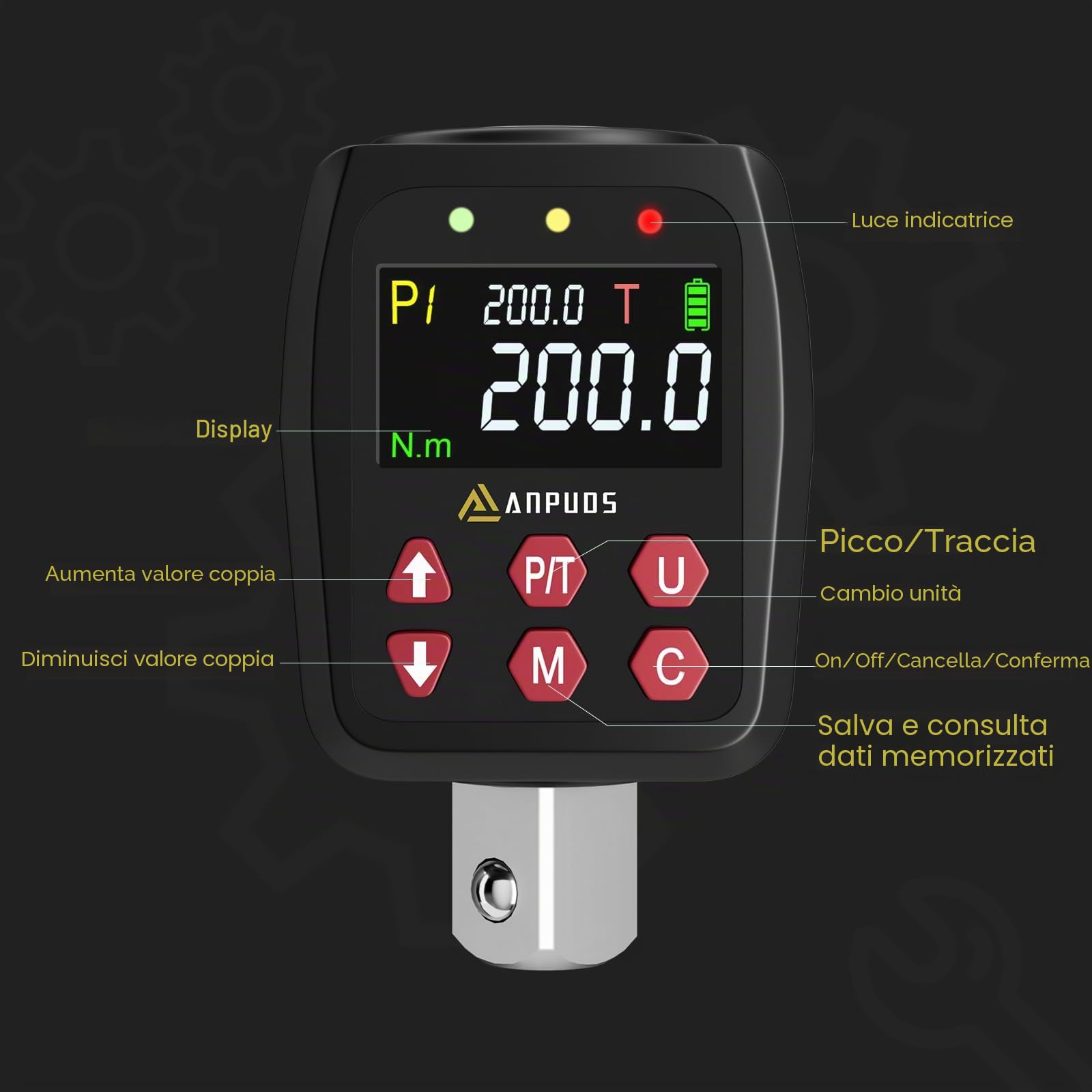 ANPUDS Adattatore Chiave Dinamometrica Digitale 1/2", 10-200Nm Chiave Dinamometrica con Alta Precisione ±1%, Preimpostata, Archivio Dati, Buzzer e Notifica LED, Adattatori da 1/4" 3/8" per Auto, Moto