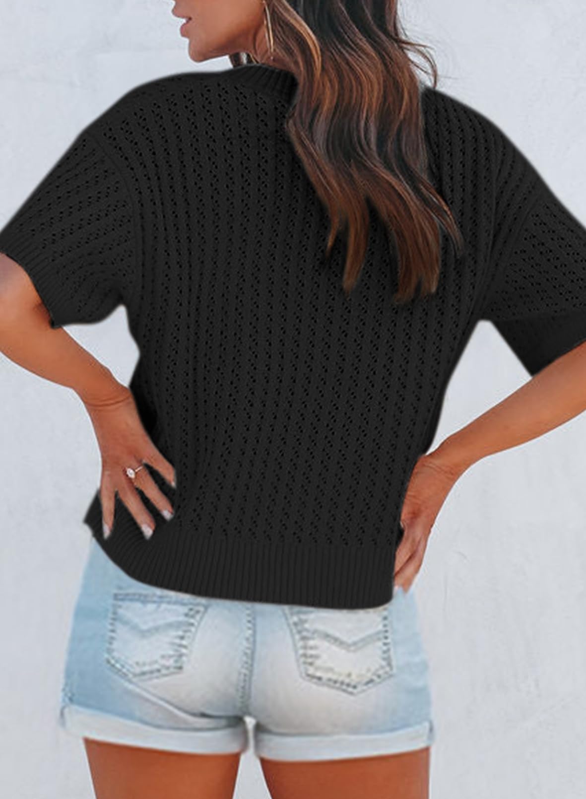 Dokotoo Women's 2024 Stylish Summer Short Sleeve Shirts for Women Oversized V Neck Solid Hollow Out Tunic Tops and Blouses Basic Loose Fit Pullover Sweaters Casual Holiday T-Shirts Tops Black Large