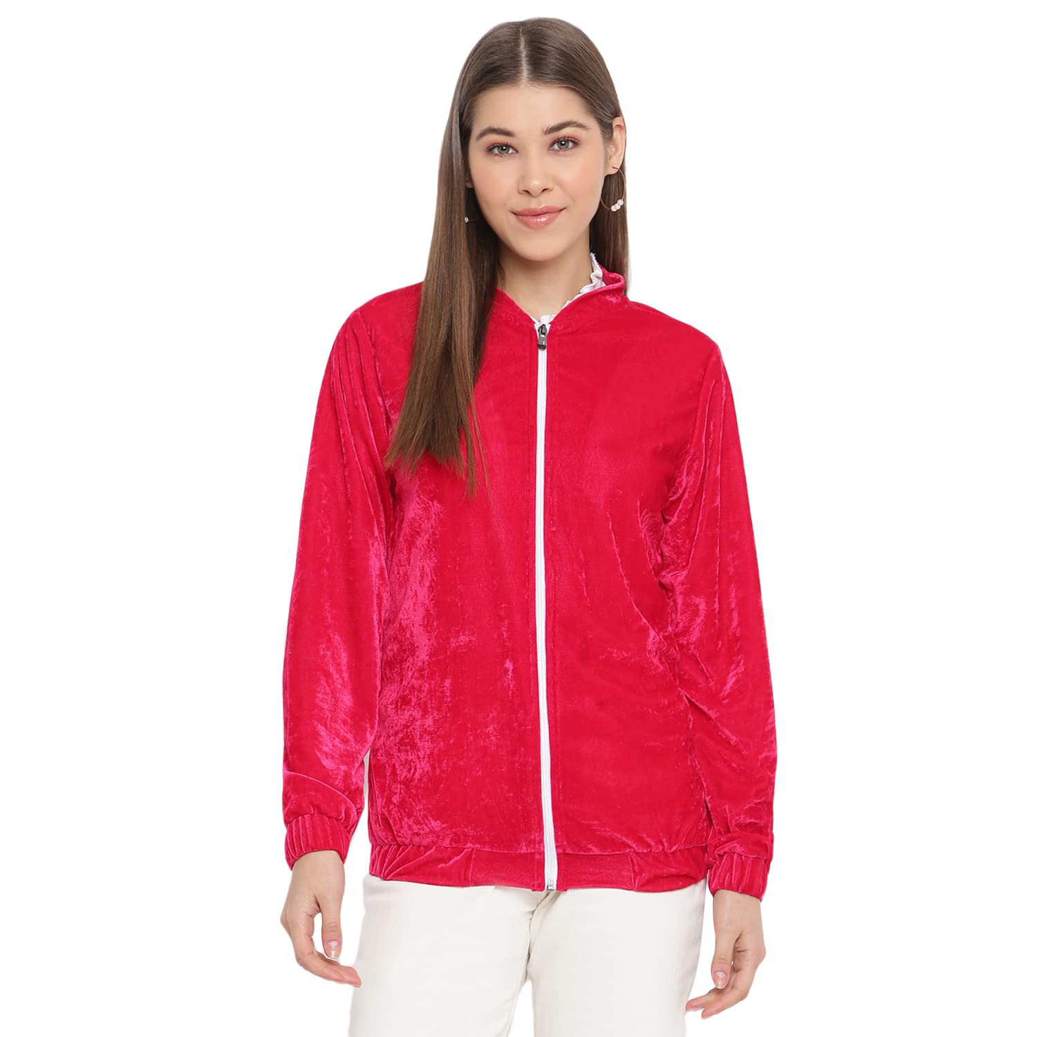 Women's Maroon Color Velvet Jacket-image-5