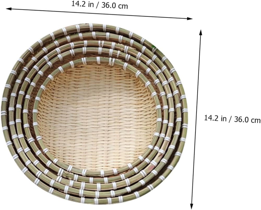 Bread Basket and Food Serving Tray Set, 5pcs round Drying and Storage Baskets, Natural Woven for Kitchen, Fruit, Bun, and Vegetable Drainage