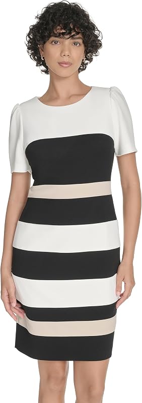 Women's Short Sleeve Jewel Neck Colorblock Striped Sheath Mini Dress