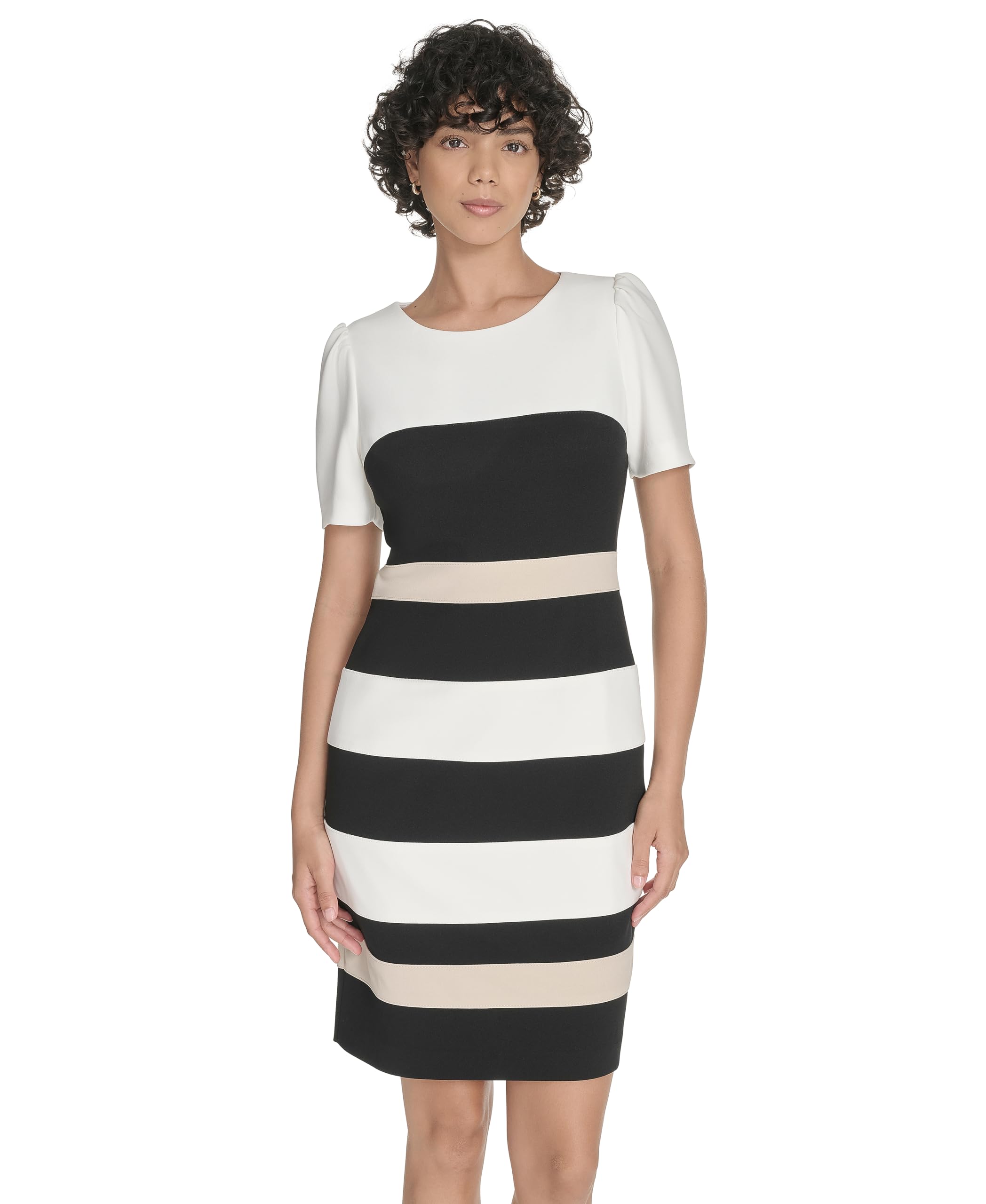 Tommy Hilfiger Womens Short Sleeve Striped Scuba Crepe Sheath Mini Dress