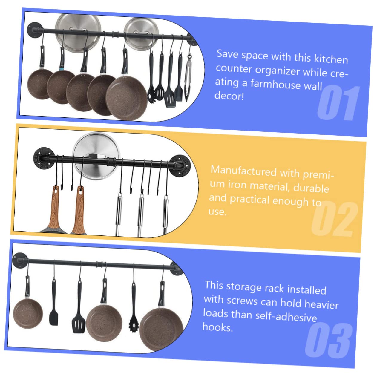 Support de Rangement Mural pour Casseroles et Poêles, Fer Noir, 1 Set