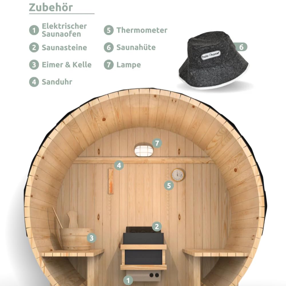 DELUKE Fasssauna Outdoor mit Elektroofen PIET für 6 Personen inkl. Saunazubehör Außensauna Gartensauna