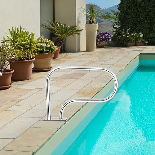 Miniatura 6 de VINGLI Barandilla de mano para piscina, escalera de piscina de acero inoxidable de 3 curvas, pasamanos dobles para piscina enterrada con placa de