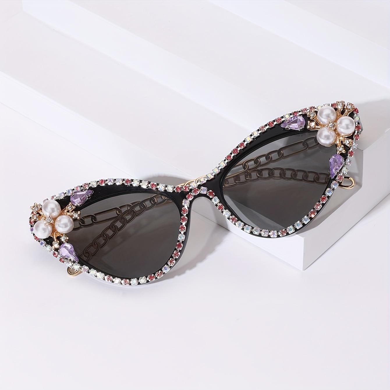 Cat Eye Rhinestone Chain Sunglasses Small Frame Retro Hawaiian Style, Lightweight for Street Style & Vacation - Image 4