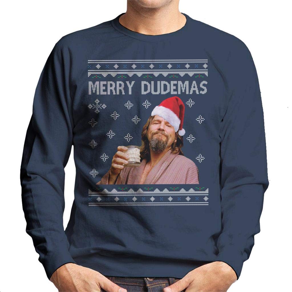 Cloud City 7 Men's Navy Blue Merry Dudemas Big Lebowski Dude Christmas Sweatshirt
