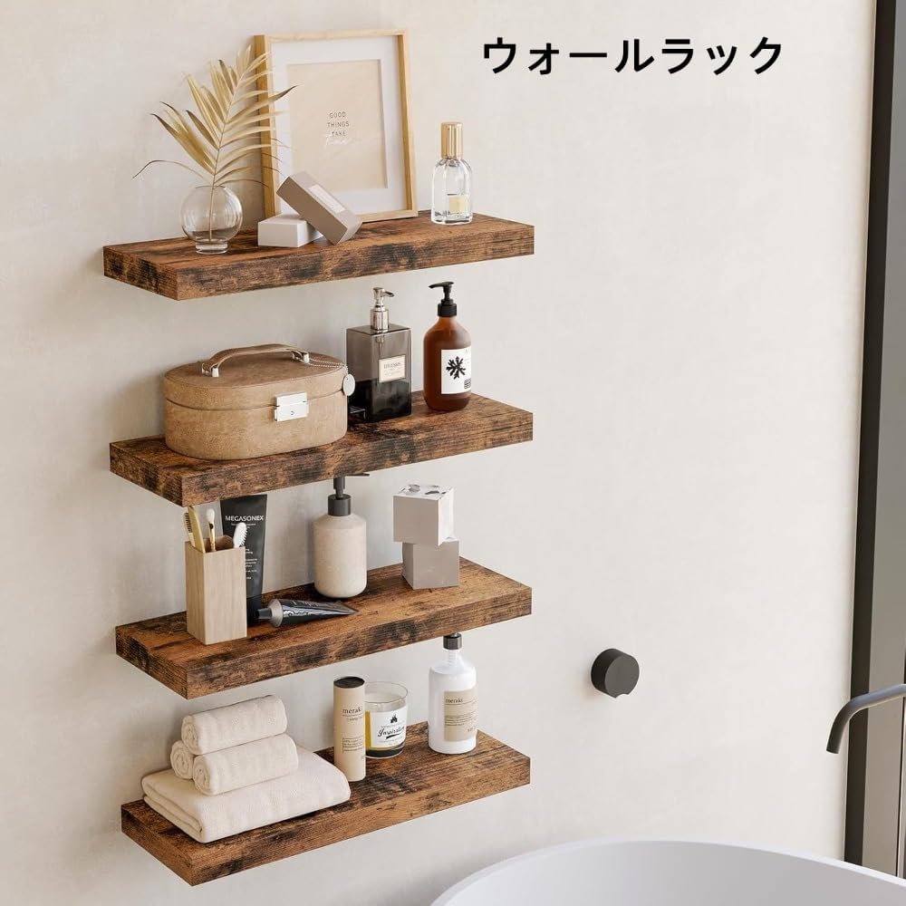 pisipeフローティングシェルフ、素朴な木製仕上げの壁棚、装飾的な壁棚収納ラック4個セット、隠しブラケット付き、バスルーム、リビン