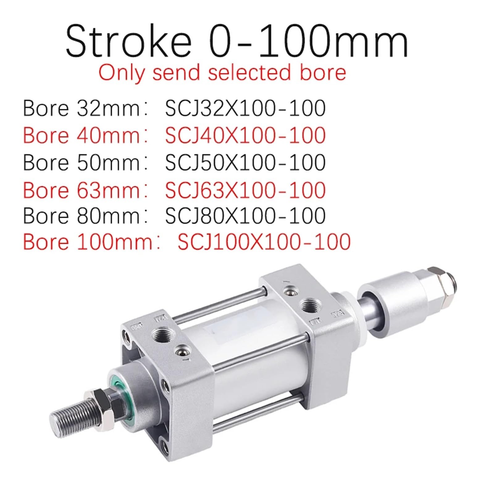 SCJ32*50/75/100/150/200-50-S Standard Luft Pneumatikzylinder Einstellbare Kolben Doppelstange Reset Dichtung Staubdicht(Stroke 0-100mm,SCJ32 (32mm))