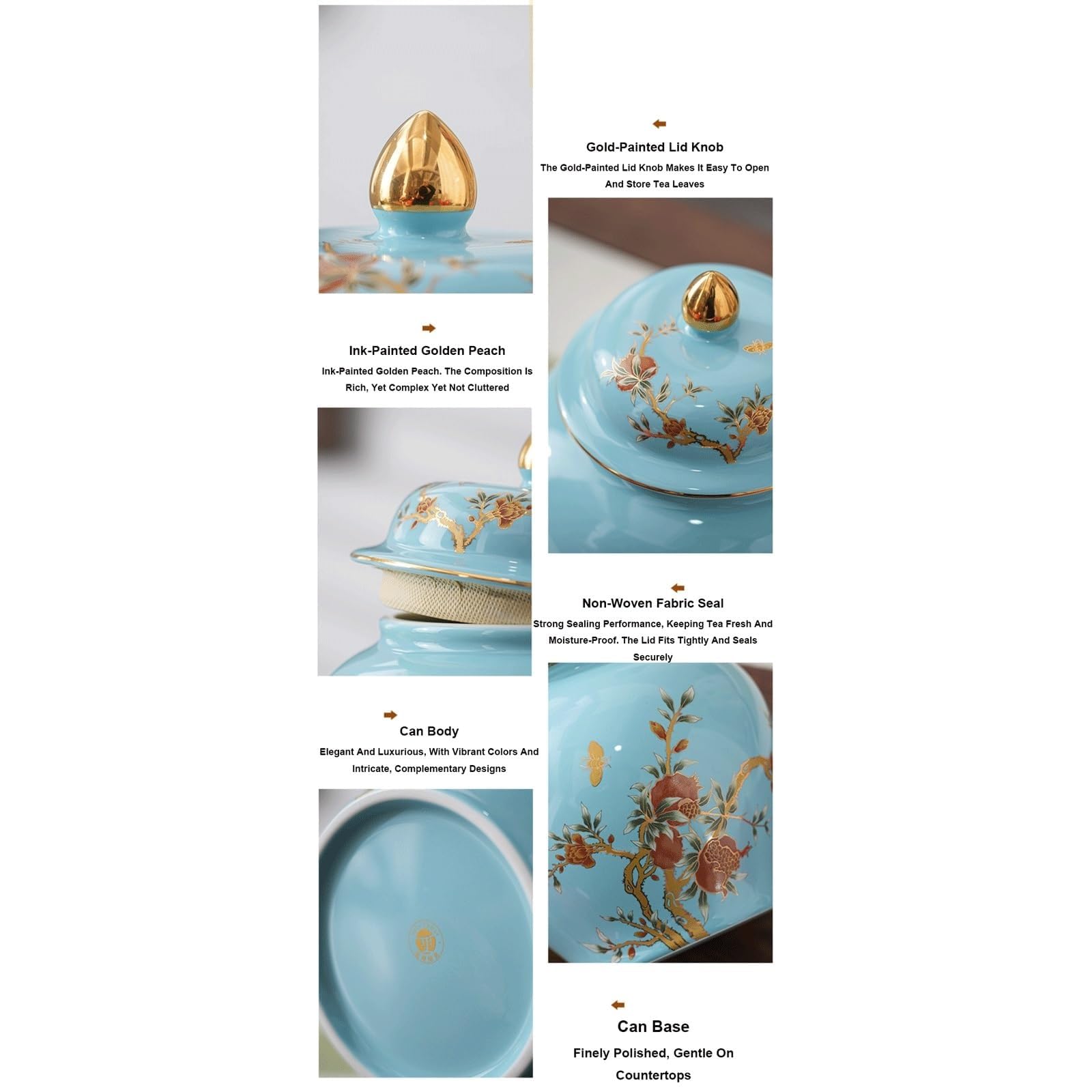EYPKPL Glasierte Keramik-Ingwerdose mit Deckel, Chinoiserie-Porzellan, Pfirsich-Druck, Vorratsdose, Blumenvase, dekorative Teedose, Klassische Tempeldose(Bleu,M)