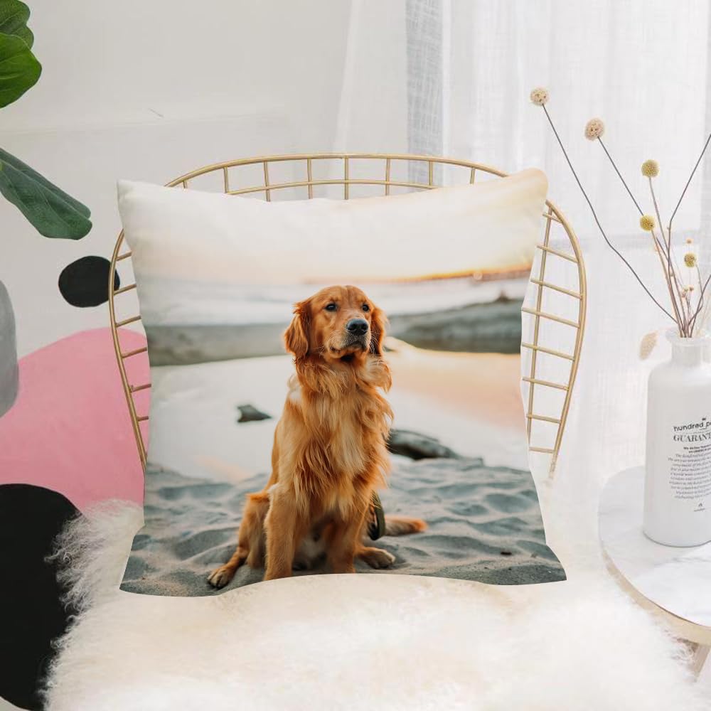 HYOSXW Cushion Cover,Throw Pillow Case Home Decorative for Living Room Bedroom Sofa Chair 16X16 Inch,Golden retriever dog sitting on the beach by the sea,Pillowcase 40X40cm