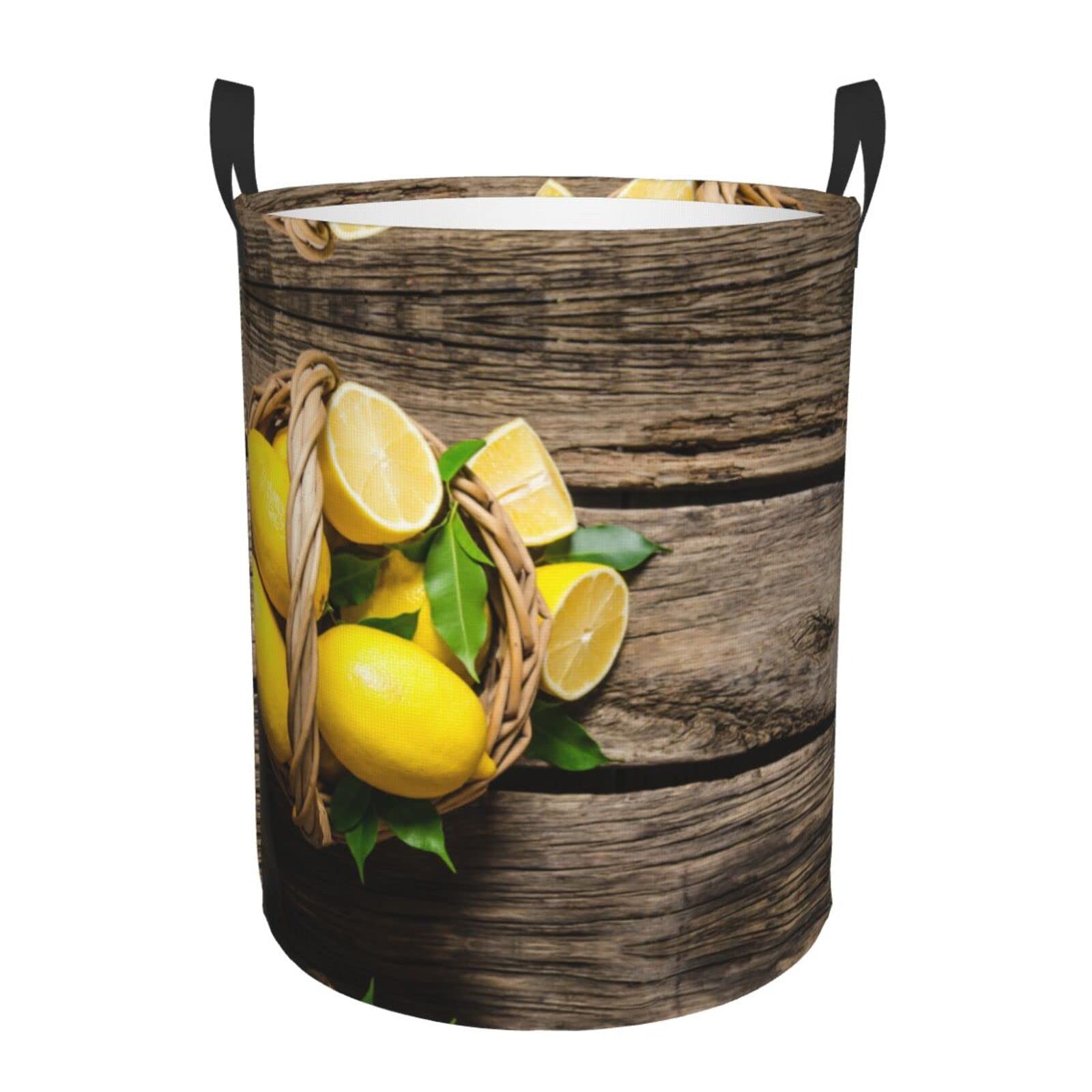 Esasam Black One Basket Lemons Print Round Laundry Basket With Handles Waterproof Laundry Hamper For Bathroom Circular Storage Basket