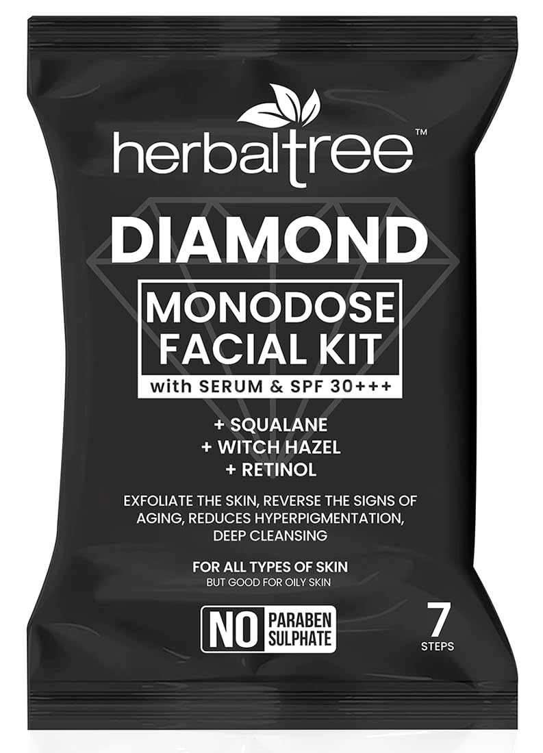 Herbaltree Diamond Monodose Facial Kit with Serum & SPF 30+++ for Reduce Blemishes, Signs of Aging ,Hyperpigmentation, Instant Brightness & Deep Cleansing for Women & Men (44 gm)