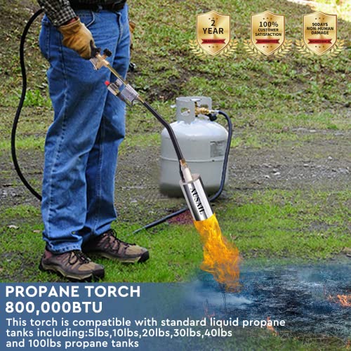 Propane Torch Weed Burner,Blow Torch,Heavy Duty,High Output 800,000 Btu,Flamethrower With Turbo Trigger Push Button Igniter And 9.8 Ft Hose For Roof Asphalt,Ice Snow,Road Marking,Charcoal #TOP6