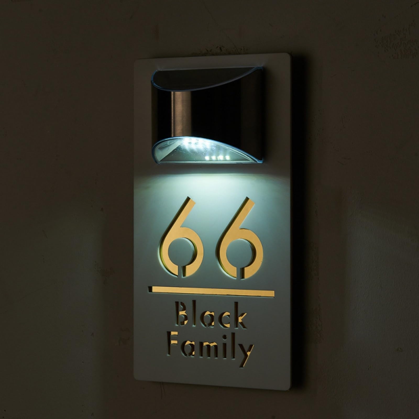 Número de Casa Solar, Señal de número casa LED Solar, placa dirección iluminada acrílica, puerta exterior, decoración moderna pared para el hogar para hogar,jardín(White Black)