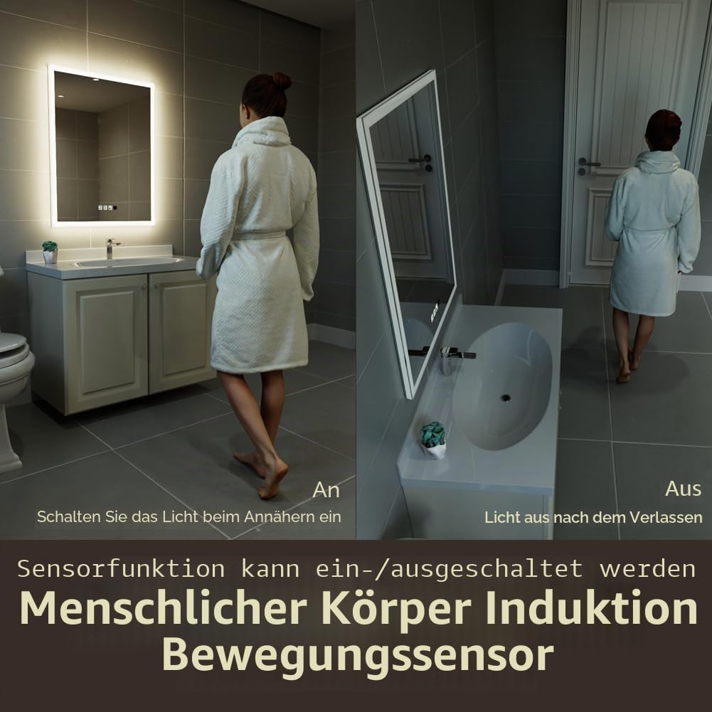 GANPE LED Badezimmerspiegel, Schminkspiegel Wandmontage, menschliche Induktion, Bluetooth, Anti-Beschlag, IP44 Wasserdicht + Vertikal & Horizontal (50 x 70 cm)
