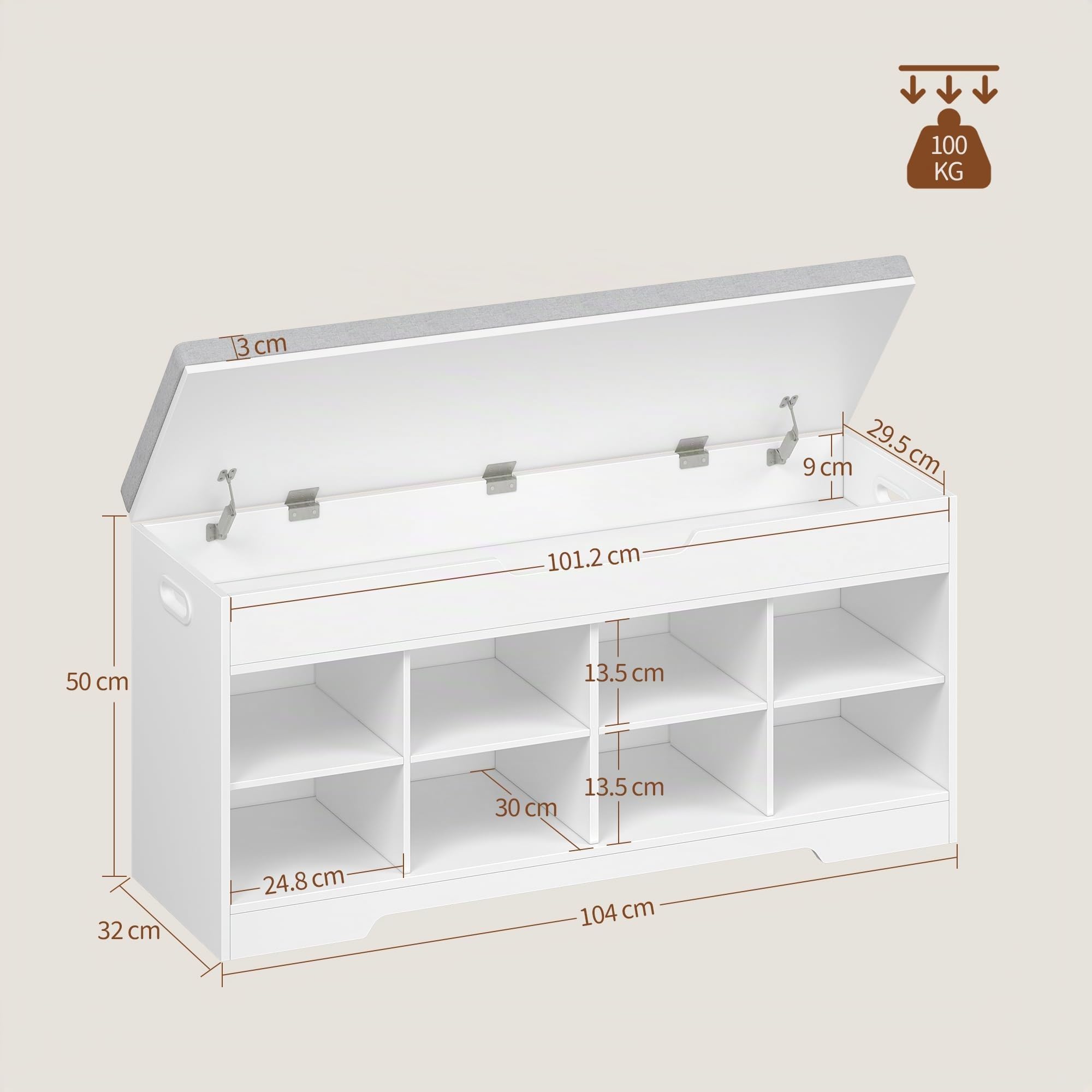 Sitzbank mit Stauraum, Schuhbank, 104 x 32 x 50 cm, Leinenweiß