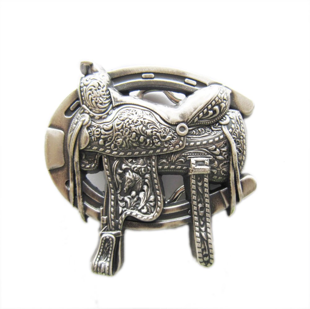 Boucle De Ceinture Western Vintage Années 80 - Métal Argenté, Motif Cheval Et Jument