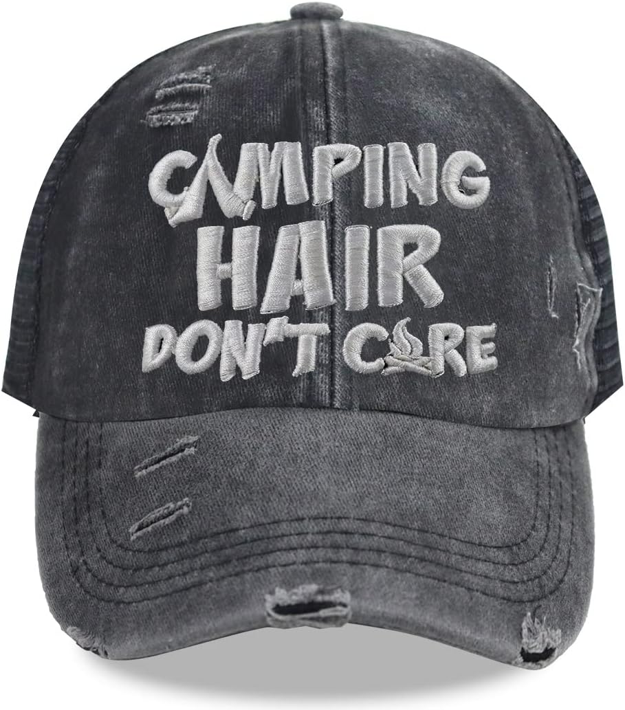 Camping Hair Don't Care Hat, Vintage Washed Distressed Mesh Baseball Cap