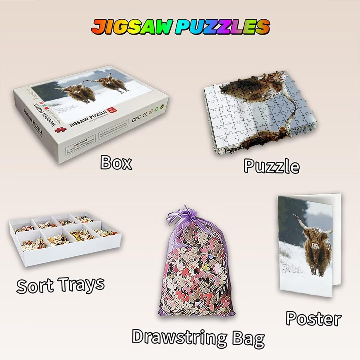 Puzzle 1500 elementów krowa, puzzle ze śniegiem dla dorosłych, klasyczne puzzle gry edukacyjne do aktywności rodzinnej, najwyższej jakości drewniane puzzle z pudełkiem na prezent dla mężczyzn i kobiet