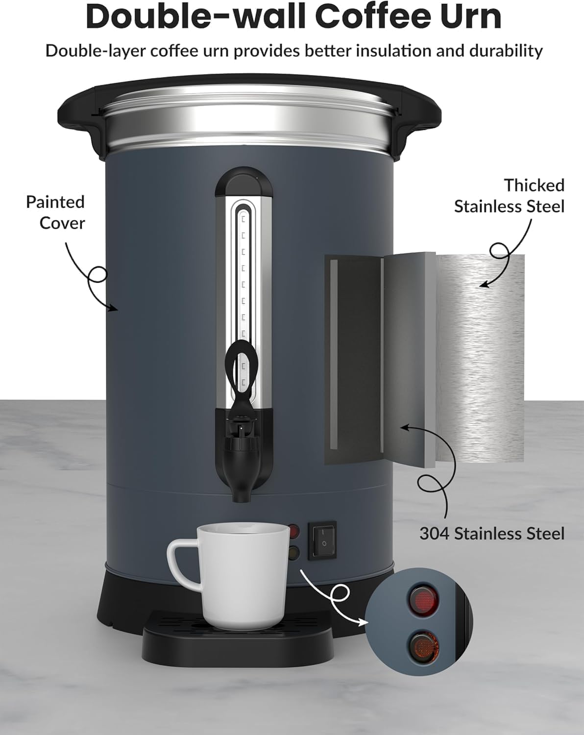 Urna de café comercial de 100 tazas, cafetera eléctrica de acero inoxidable de 14 L/3.8 galones con aislamiento de doble pared, dispensador de bebidas calientes y agua para bodas