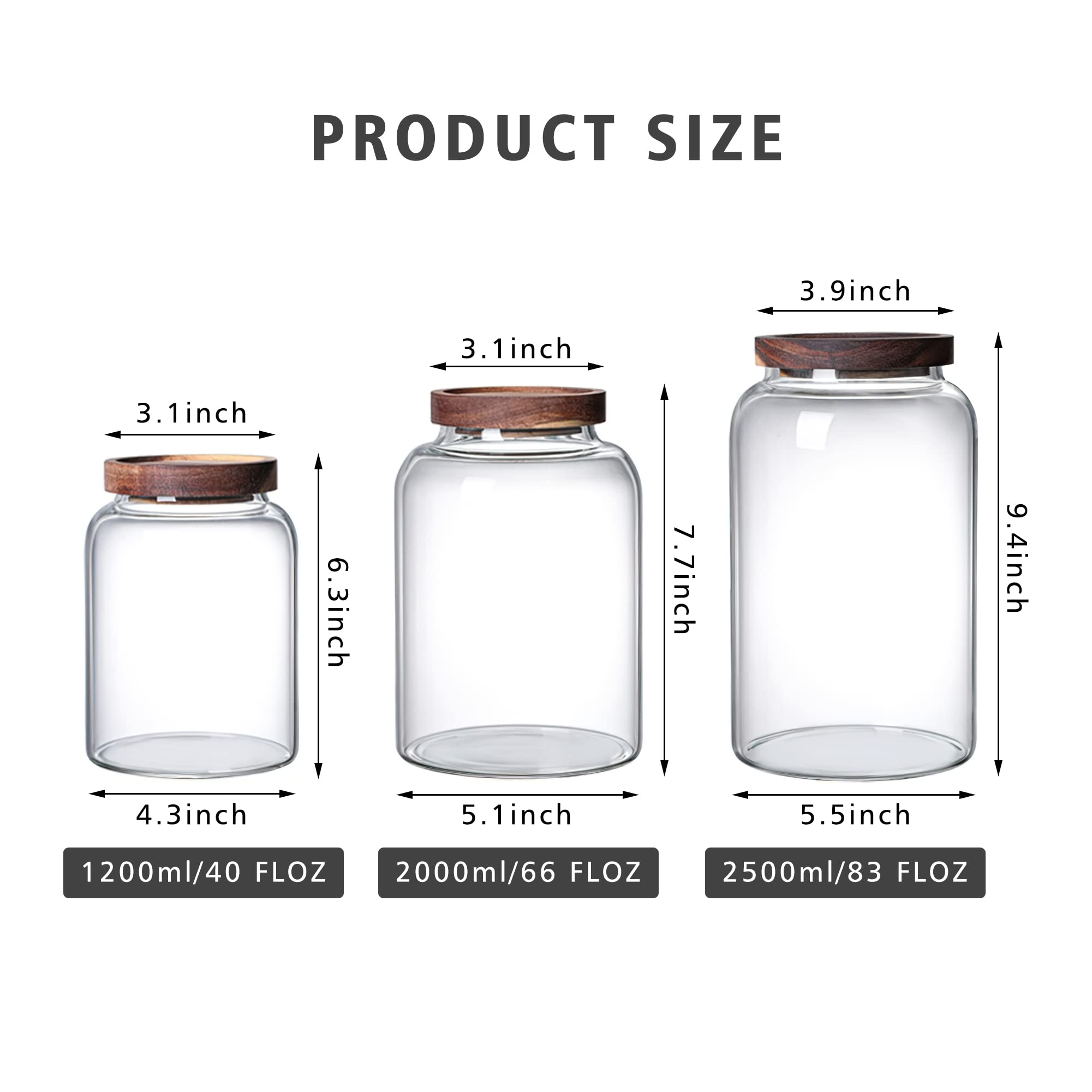 Tarro de almacenamiento de vidrio de 2000 ml con tapa de madera, apilable, cilíndrico transparente, tarro de despensa con tapa de bambú hermética para alimentos, café, harina, espaguetis,