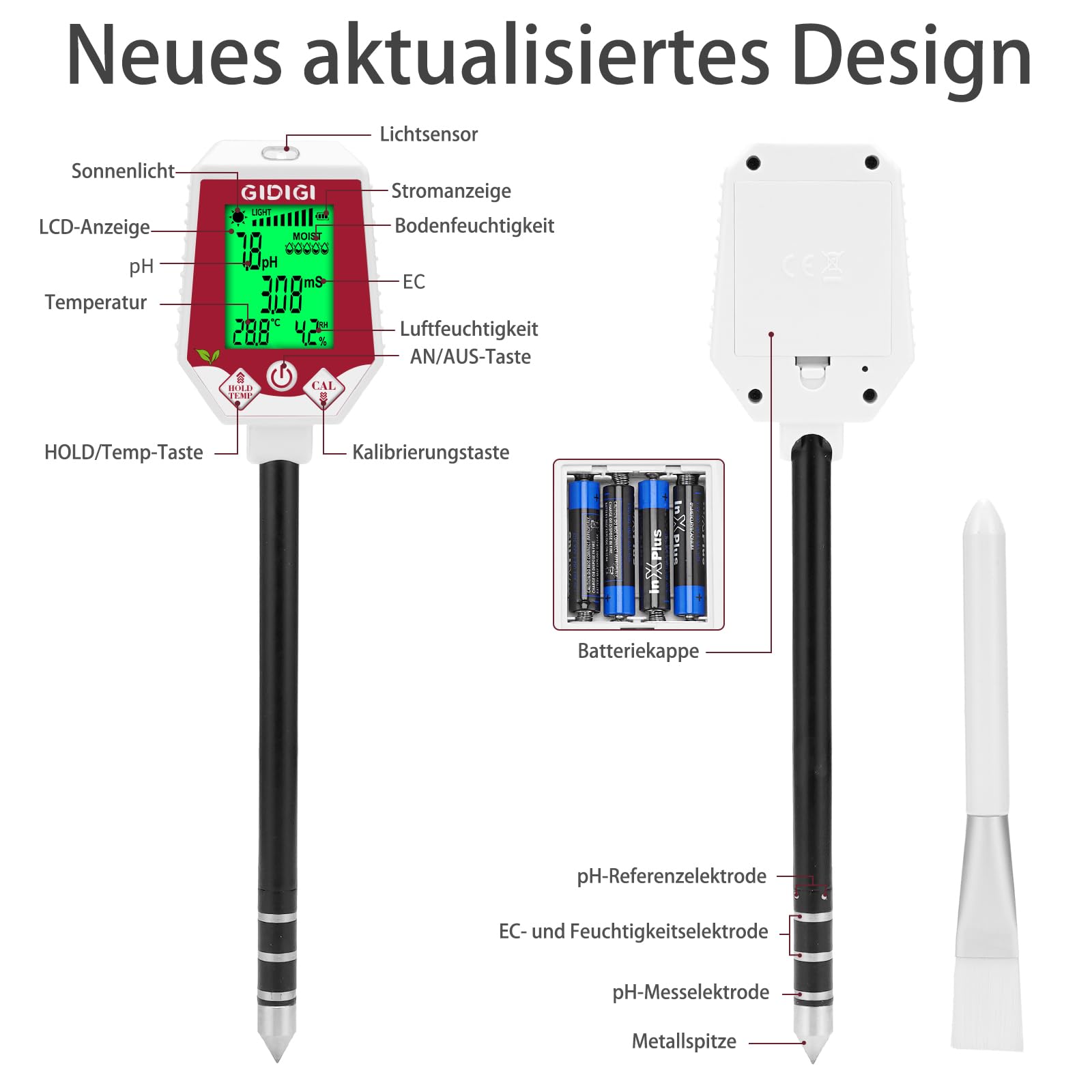 Boden pH Messgerät und Feuchtigkeitstester, 6-in-1 Digitaler Pflanzenbodentester, Boden pH/EC/Sonnenlicht/Bodenthermometer/Luftfeuchte/Bodenfeuchtigkeitsmessgerät für Gartenpflanzen