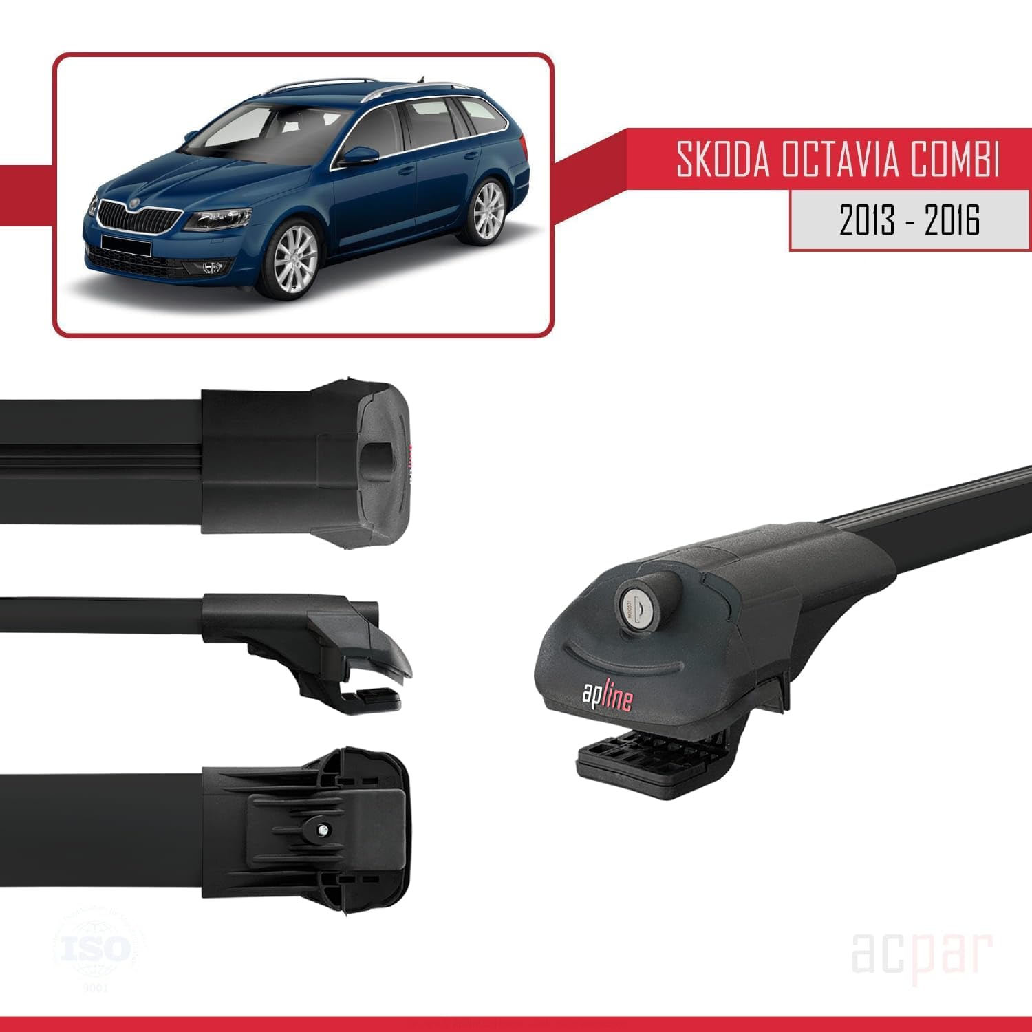 Compatible con Skoda Octavia 3 (5E) Combi Pre-Facelift 2013-2017 Modelo Ace-1 Barra de Techo Auto Portaequipajes Barras Transversales Negro Aluminio 2 Barras