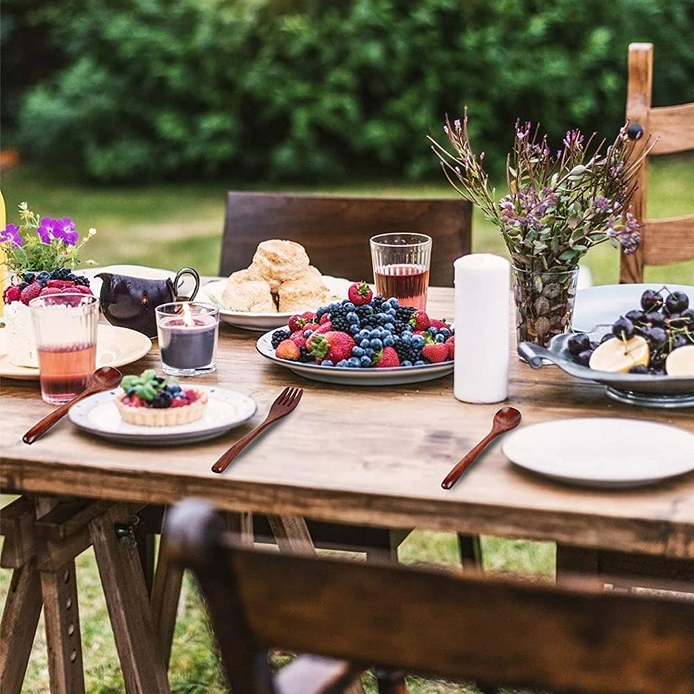 8 drewnianych sztućców, drewnianych widelców, drewnianych łyżek, drewnianych przyborów kuchennych, wielokrotnego użytku, zestaw łyżek, widelców, na imprezę, bankiet, bufet, catering, na co dzień,