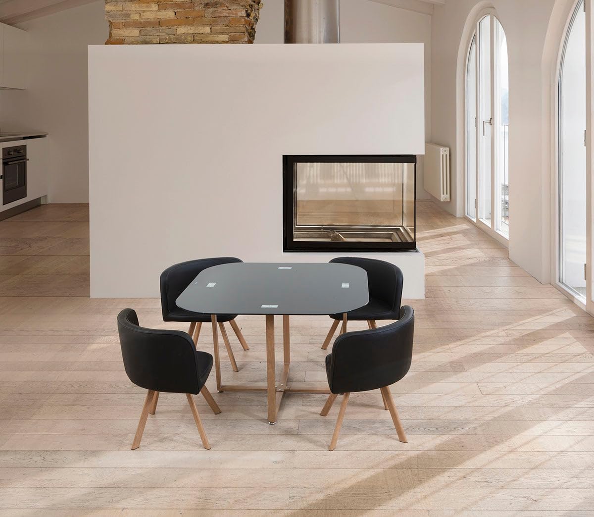 S & S Saldos y Stocks Mesa de Cristal Templado Teka + 4 Sillas. Comedor o Cocina Blanco 100x100 cm