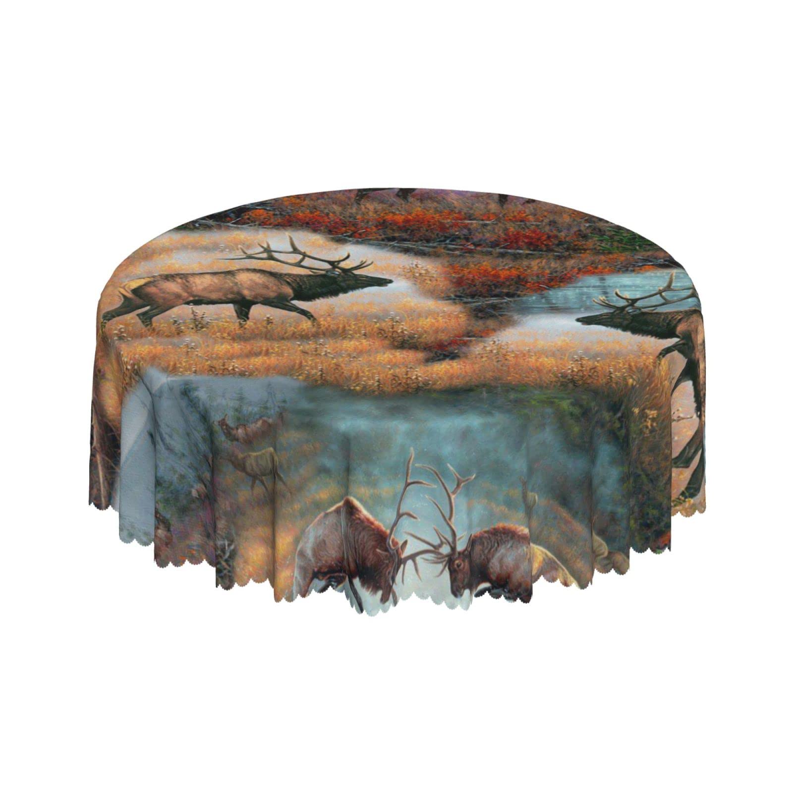 Lsjuee Elk Wildlife Collage Round Tablecloth 60 Inch Printed Washable Tablecloth for Dining Party Holiday Fall Home Decorative