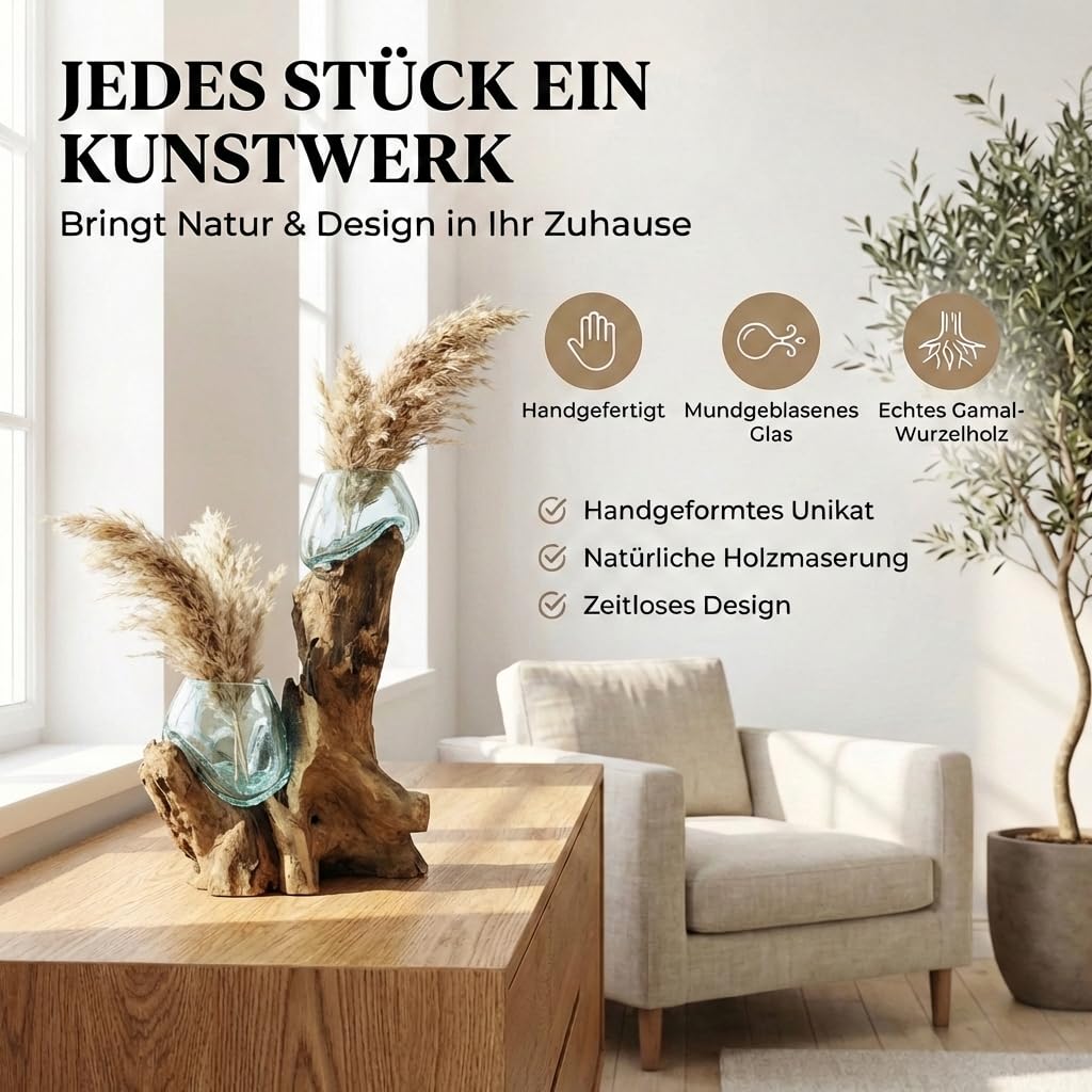 Glasvase Doppel (Ø Glas 12 cm) – Deko Vase aus Handarbeit auf Wurzelholz Gamal mit abnehmbarem Glas, Wohnzimmer Deko, geeignet als Blumenvase oder Kerzenglas Do12