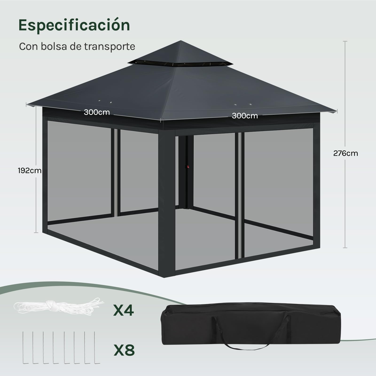 WOLTU Carpa Plegable 3x3m con mosquitera Antracita | UPF 50+ UV, impermeable, altura ajustable, estable, 4 paredes mosquitera, Camping