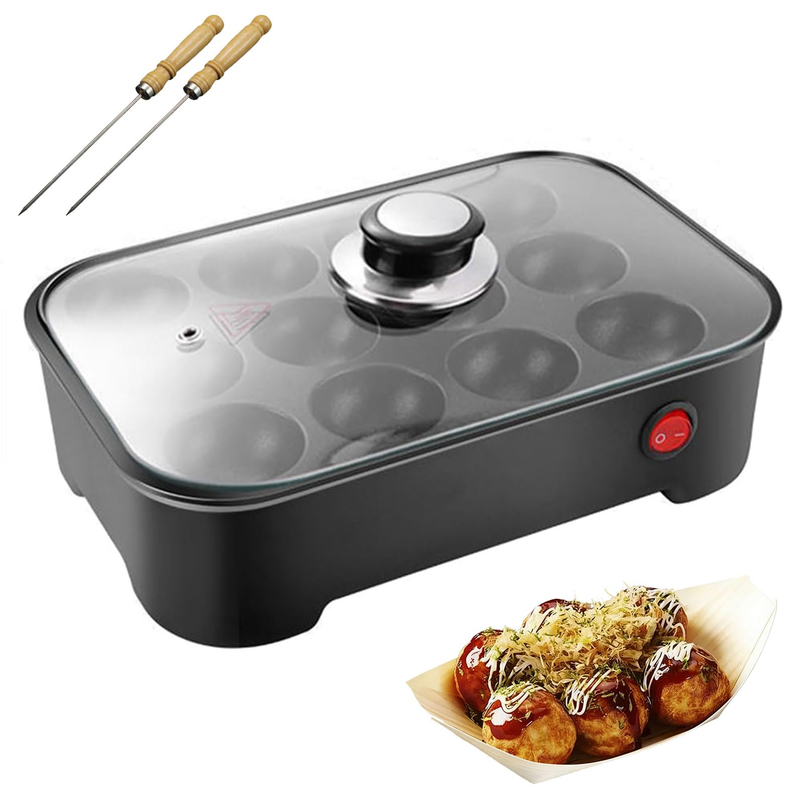 Machine à takoyaki électrique, mini pieuvre avec 12 trous, revêtement antiadhésif, idéal pour faire des takoyaki, des boules de crêpes et des bouffées