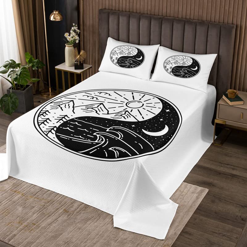 HomemissingYin Yang Quilted Bedspread Boho Trippy Quilted Coverlet for Kids Sun Moon Print Coverlet Set Smoky Mountain Natural Black White Room Decor 3Pcs Double Size