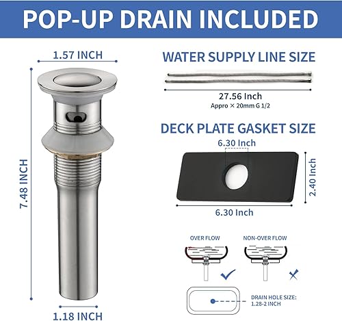 Miniatura 7 de BF009L - Grifo de lavabo de baño de un solo agujero, cascada de níquel cepillado con drenaje desplegable y líneas de suministro, BF009L