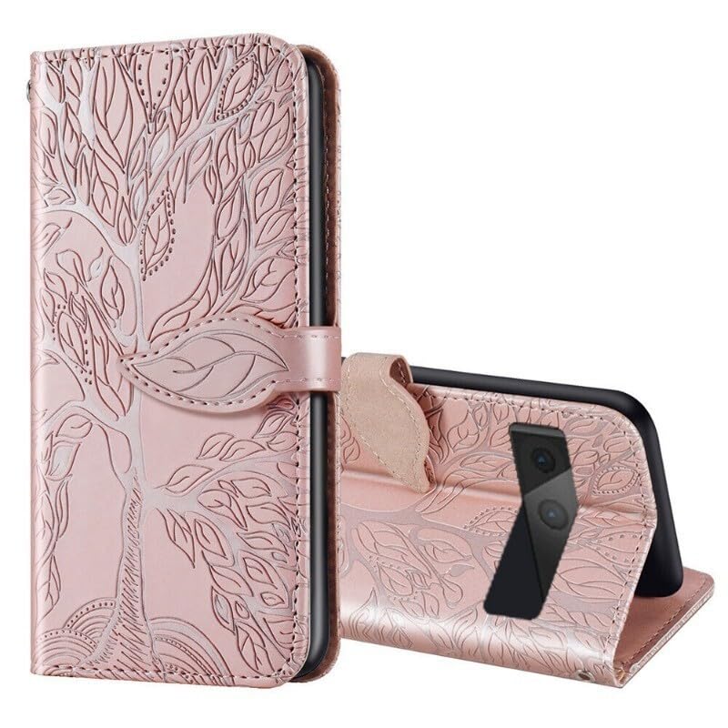 Étui Google Pixel 8 Pro rose dorè avec portefeuille cuir et motif arbre