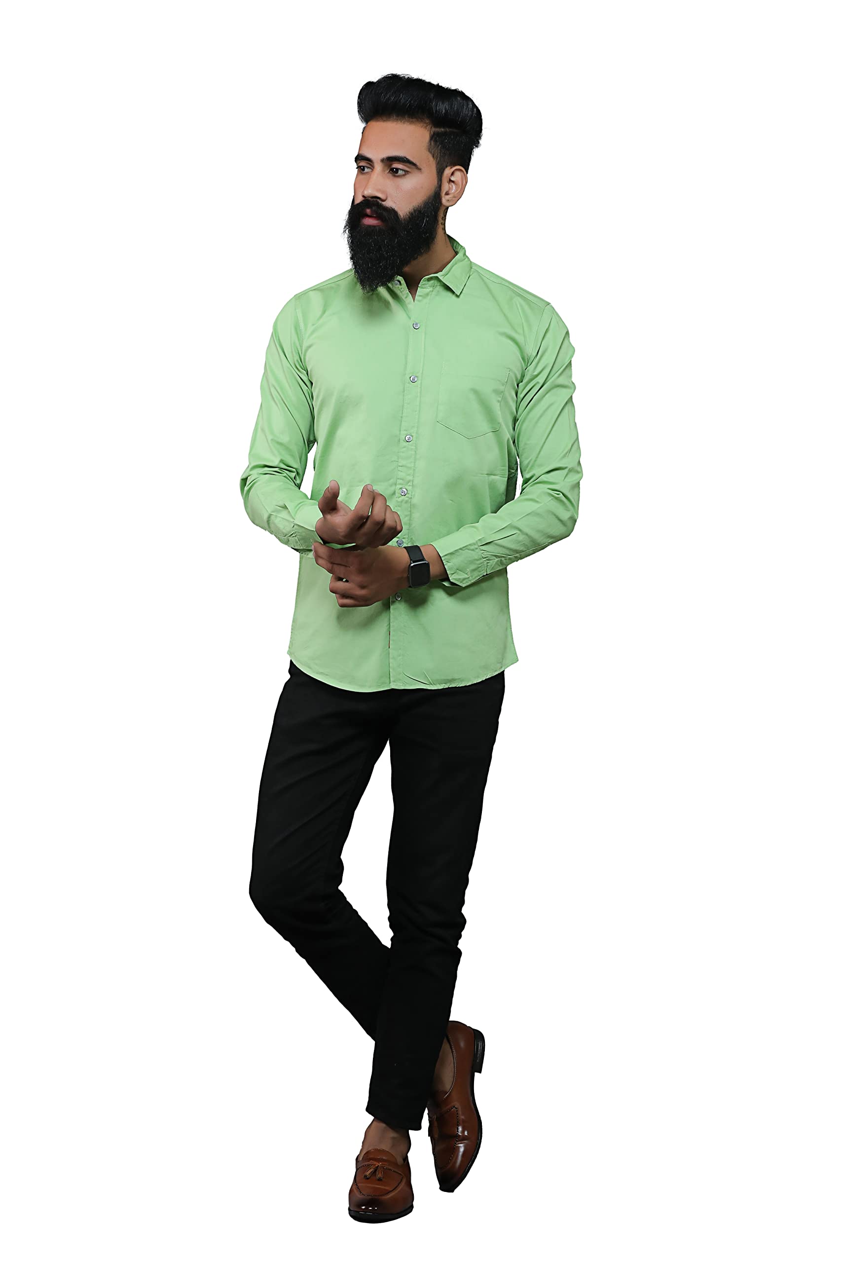SAAJ Men's Solid Slim Fit Casual Shirt (Large, Parrot Green)