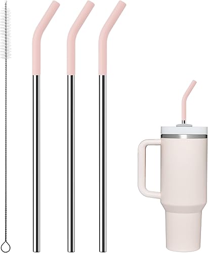 Paquete de 3 popotes de acero inoxidable para vaso de 40 onzas, popote de repuesto para vaso Stanley de 40 onzas, con puntas de silicona y cepillo